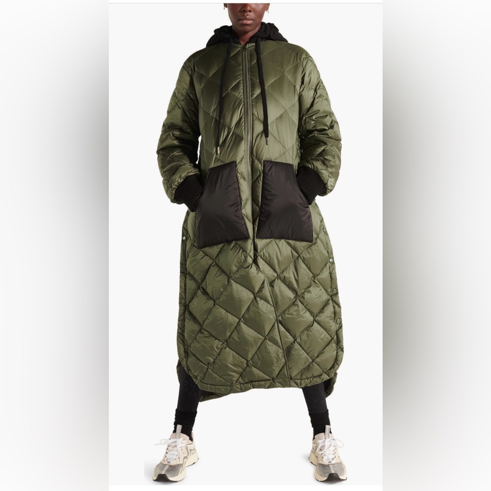 Sweaty Betty Olive Green Quilted Long Puffer Coat with Black Pocket Panels